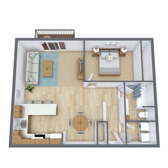 A 3D floor plan of a house with a living room, kitchen, dining room, and bedrooms.