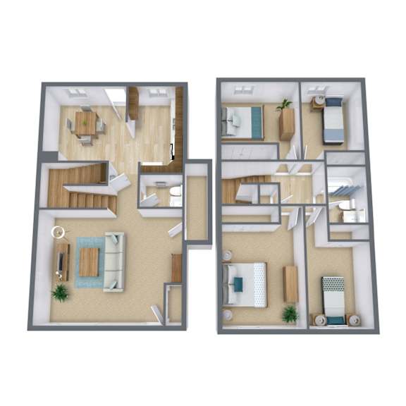 A 3D floor plan of a house with two rooms on the left and two rooms on the right.