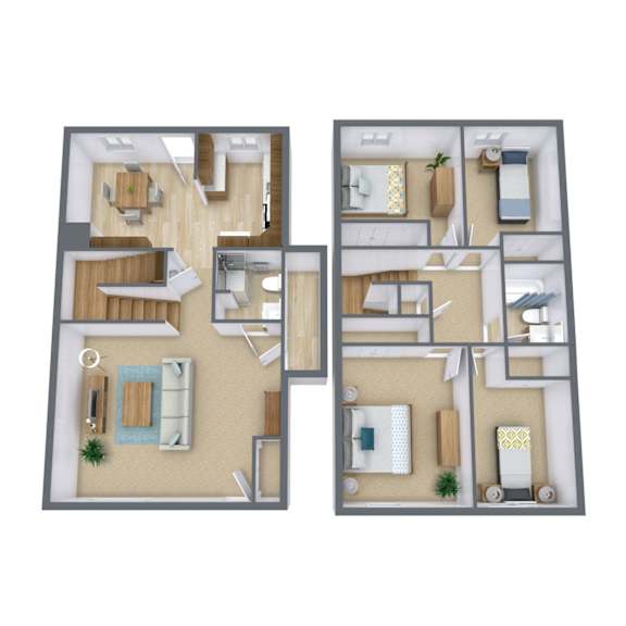 A 3D floor plan of a house with two bedrooms, a living room, a kitchen, and a bathroom.