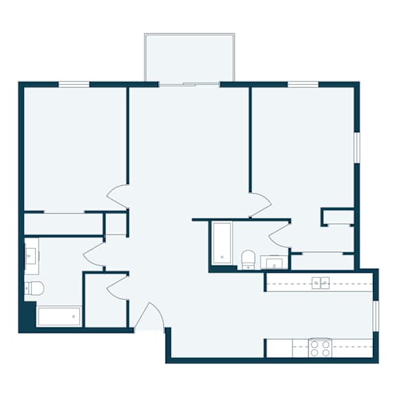 A floor plan of a house with a kitchen, living room, and two bedrooms.