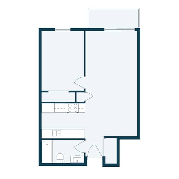 A floor plan of a house with a kitchen, living room, and two bedrooms.