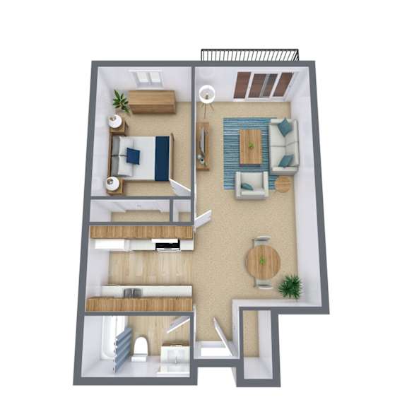 Floor Plan  A 3D floor plan of a small apartment with a living room, kitchen, and bedroom.