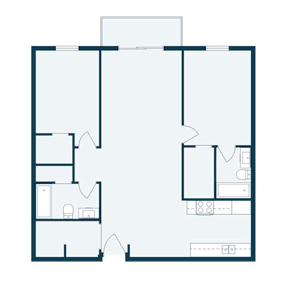 A floor plan of a house with a kitchen, living room, and two bedrooms.