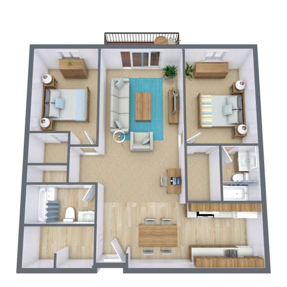Floor Plan  A 3D floor plan of a house with a living room, kitchen, dining room, and bedrooms.
