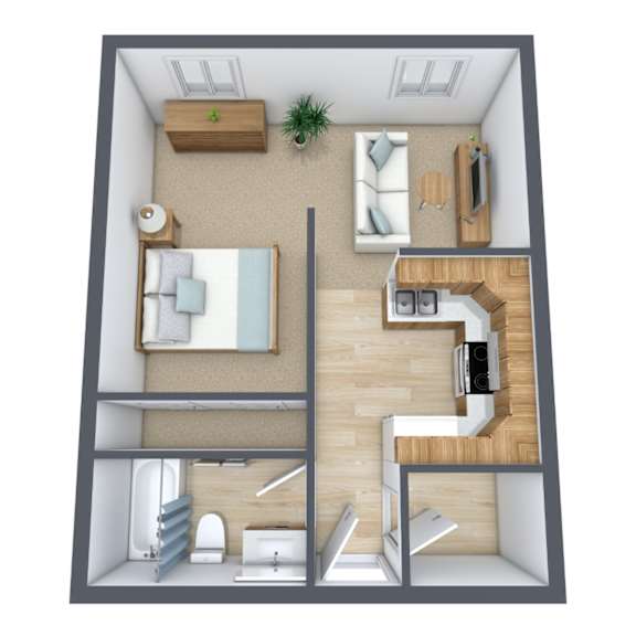 A 3D floor plan of a small apartment with a bedroom, living room, and bathroom.