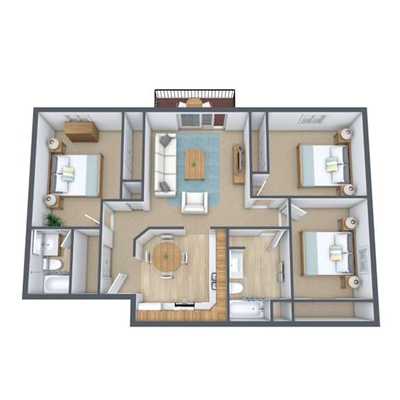 A 3D floor plan of a house with a kitchen, living room, dining room, and bathrooms.