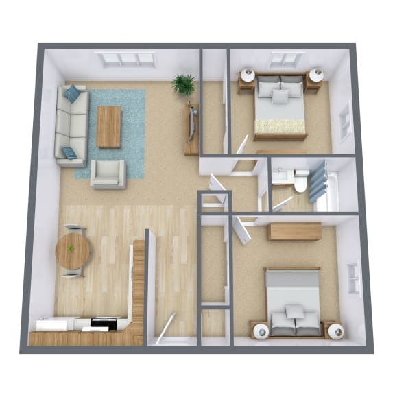 a bedroom with a living room and a dining room