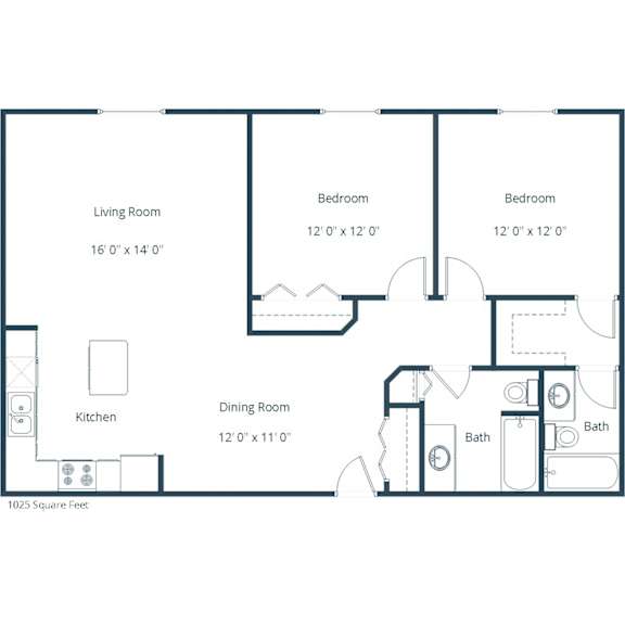 A floor plan of a small apartment with a living room, kitchen, dining room, and two bedrooms.