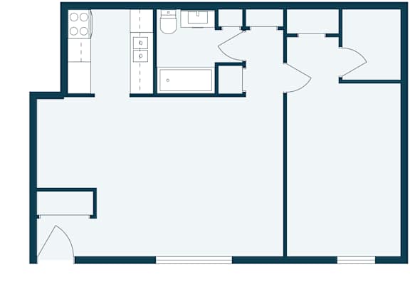 A floor plan of a house with a kitchen, living room, and bathroom.