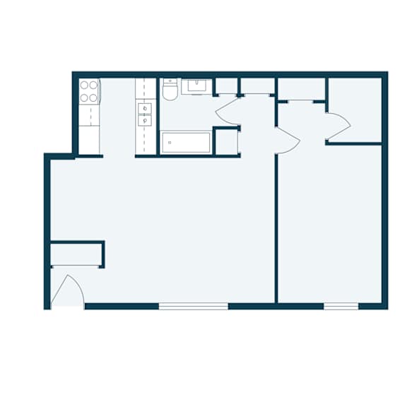 A floor plan of a house with a kitchen, living room, and two bedrooms.