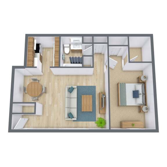A 3D floor plan of a house with a kitchen, living room, and two bedrooms.