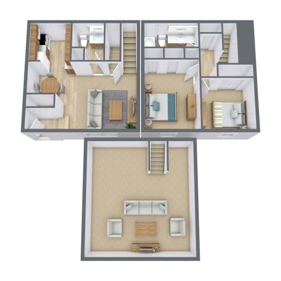 A 3D floor plan of a house with multiple rooms and a staircase.