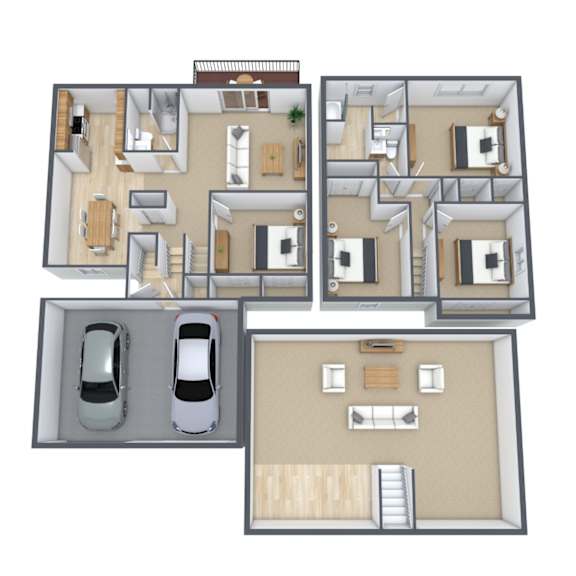 A top-down view of a house layout with two cars.