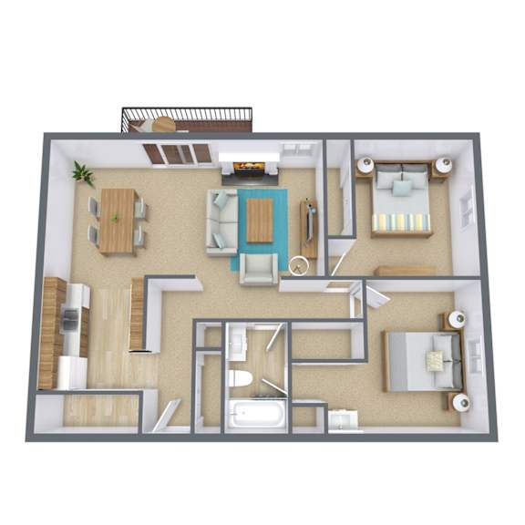 A 3D floor plan of a house with a kitchen, living room, and bathroom.