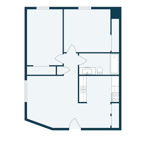 A floor plan of a house with a kitchen, living room, and bathroom.