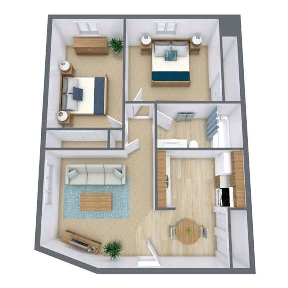A 3D floor plan of a small apartment with a living room, kitchen, and bedroom.