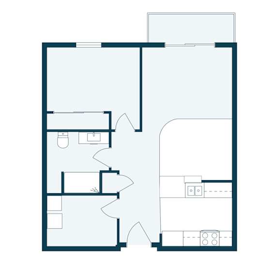 A floor plan of a house with a kitchen, living room, and two bedrooms.