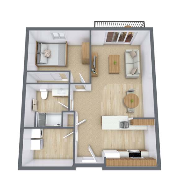 A 3D floor plan of a small apartment with a kitchen, living room, and bathroom.