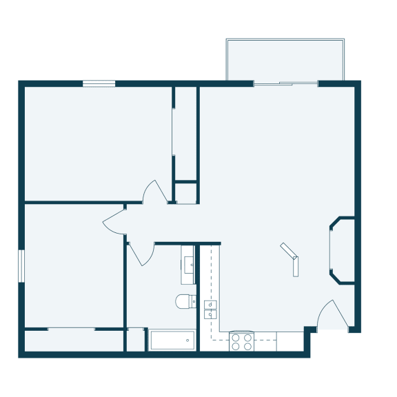 a floor plan of a living room and kitchen with a dining room and a bedroom