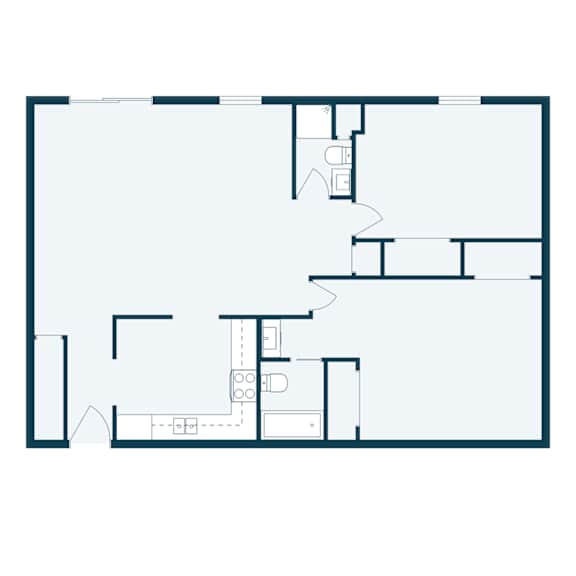A floor plan of a house with a kitchen, living room, and two bedrooms.
