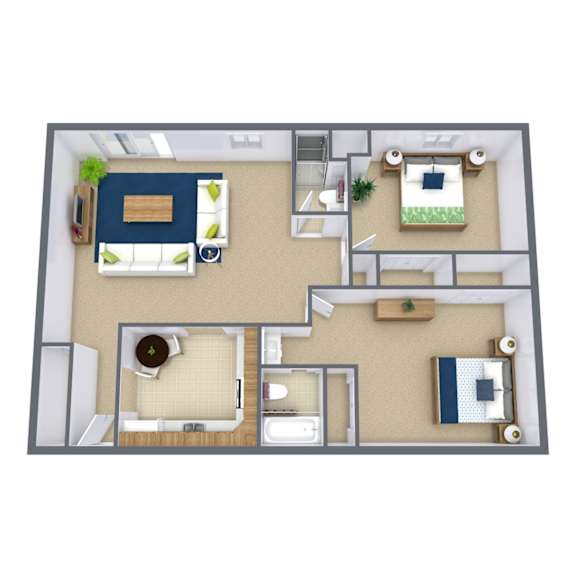 Floor Plan  A top-down view of a house layout with a kitchen, living room, and bedrooms.