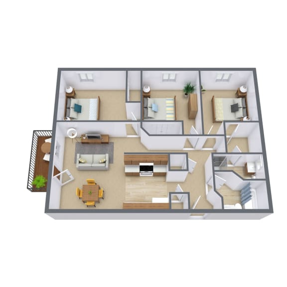 Floor Plan  Thunder Creek Apartments in Fargo, ND | Three Bedroom Floor Plan 3175b