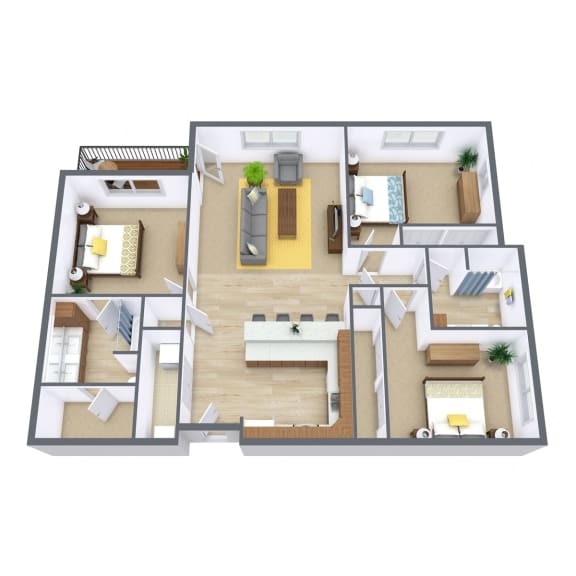 Floor Plan  Urban Plains Apartments in Fargo, ND | Three Bedroom Floor Plan 32B