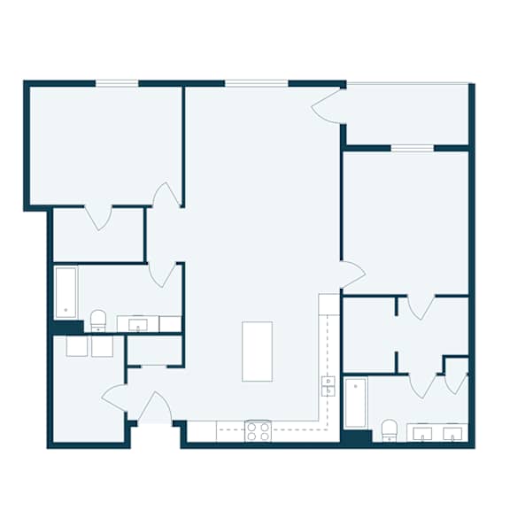A floor plan of a house with a kitchen, living room, and two bedrooms.