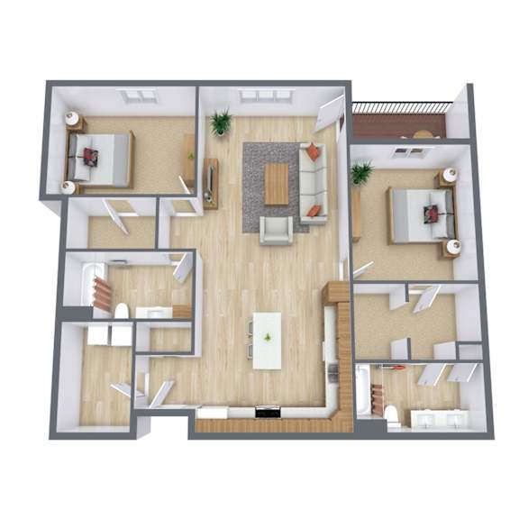 A 3D floor plan of a house with multiple rooms and furniture.