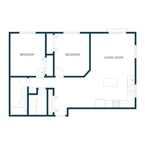 A floor plan of a house with two bedrooms, a living room, and a kitchen.