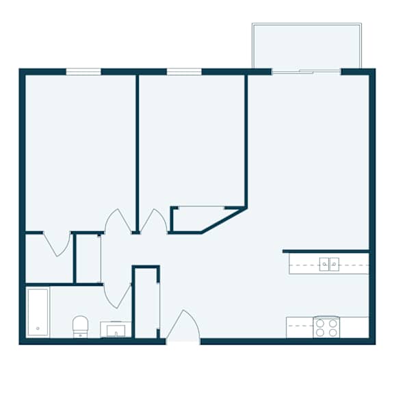 A floor plan of a house with a kitchen, living room, and two bedrooms.