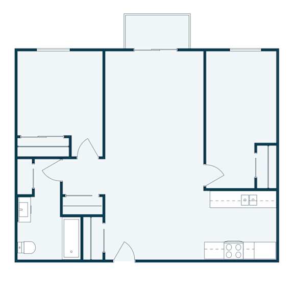 A floor plan of a house with a kitchen, living room, and two bedrooms.
