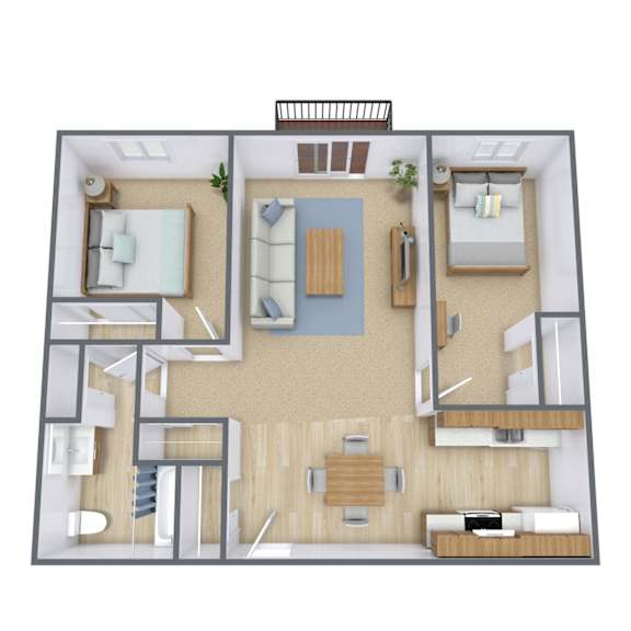 A 3D floor plan of a small apartment with a living room, kitchen, and bedroom.