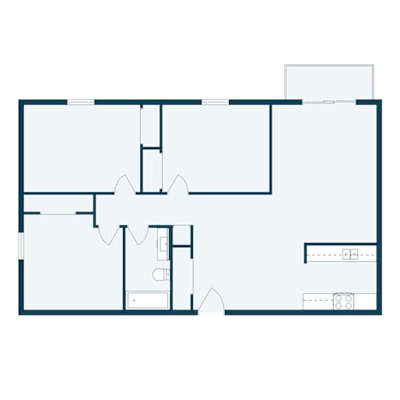 A floor plan of a house with a kitchen, living room, and two bedrooms.