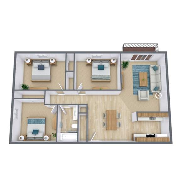 A 3D floor plan of a house with two bedrooms, a living room, a kitchen, and a bathroom.