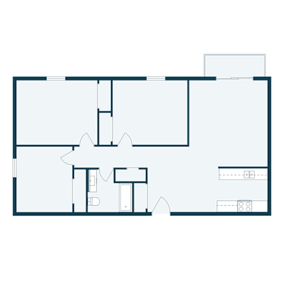A floor plan of a house with a kitchen, living room, and two bedrooms.