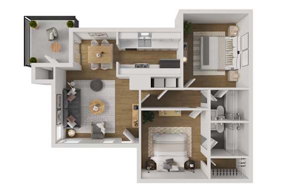 Floor Plan  A 3D floor plan of a house showing a living room, kitchen, and bathroom.