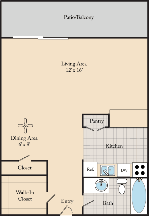 A floor plan of a home with a living area, dining area, kitchen, bathroom, and pantry.