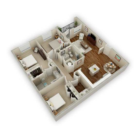 A 3D floor plan of a house with a living room, kitchen, and two bedrooms.
