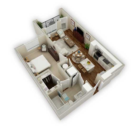 A 3D floor plan of a small apartment with a kitchen, living room, and bathroom.