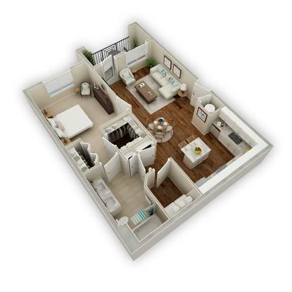 A 3D floor plan of a house with multiple rooms.