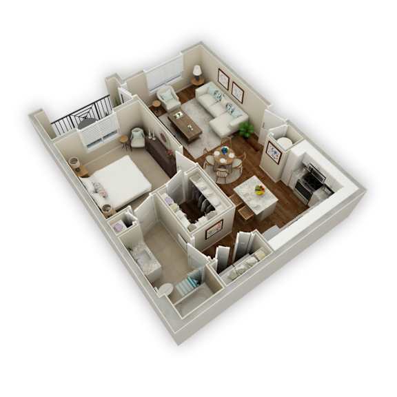 A 3D floor plan of a house with a kitchen, living room, and two bedrooms.