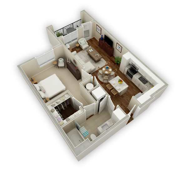 A 3D floor plan of a small apartment with a kitchen, living room, and bathroom.
