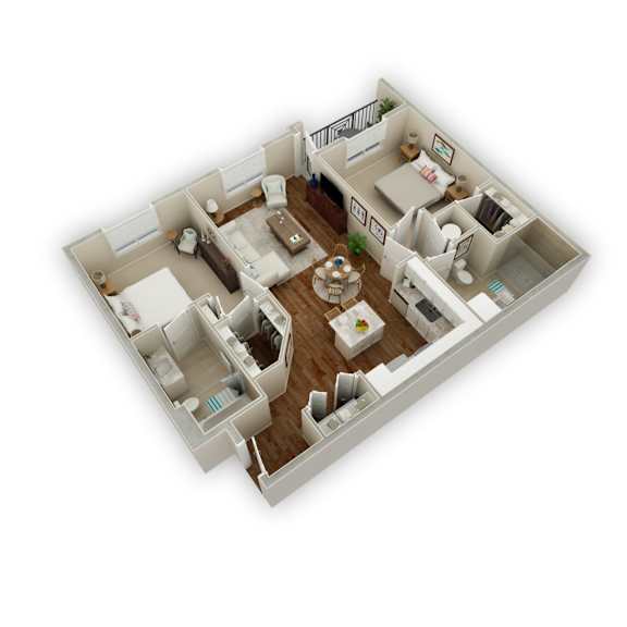 A 3D floor plan of a house with a kitchen, living room, and two bedrooms.