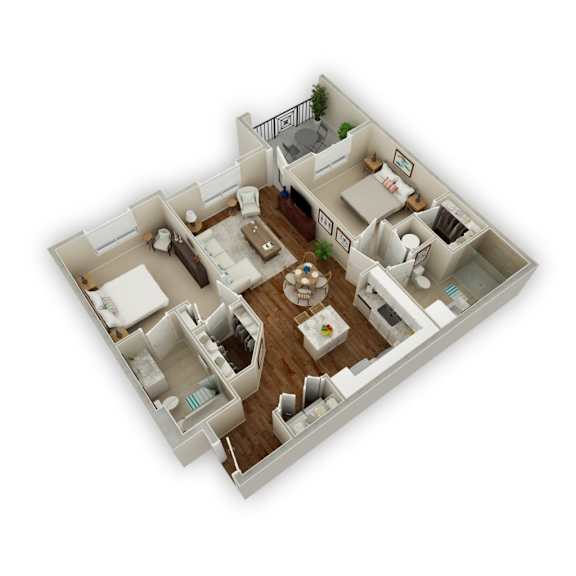 A 3D floor plan of a house with a living room, kitchen, and two bedrooms.