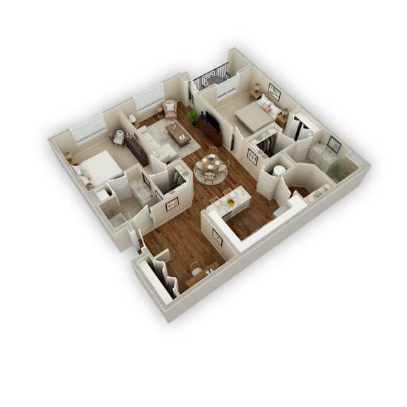 A 3D floor plan of a house with a kitchen, living room, and two bedrooms.