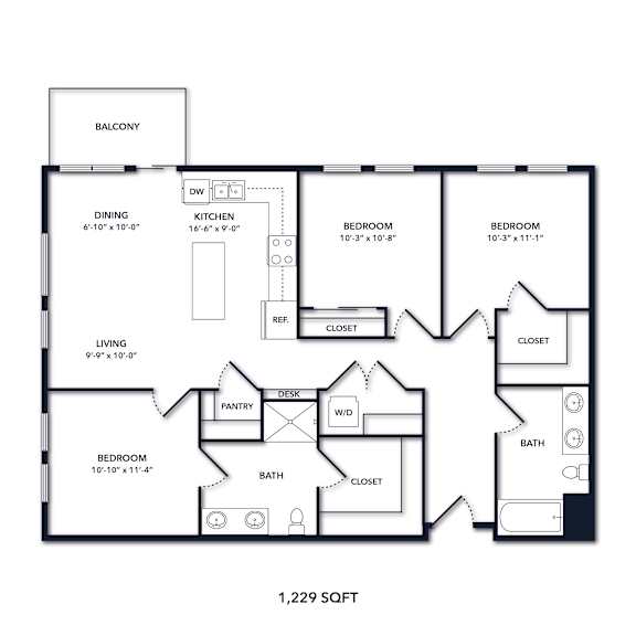 A black and white image of a floor plan for a 1,229 square foot home.