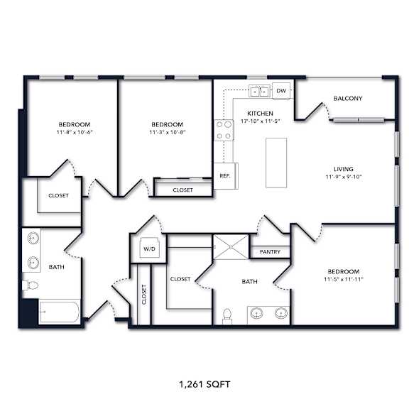 A floor plan of a 1,261 square foot home.