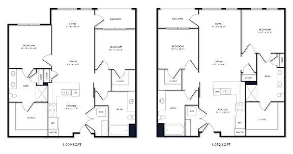 A floor plan of a two bedroom apartment with 1,009 square feet and another with 1,052 square feet.