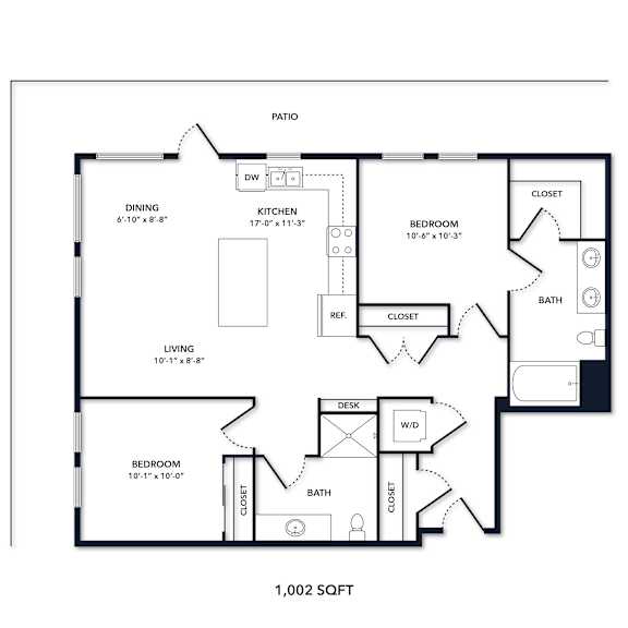 A floor plan of a 1,002 square foot home.